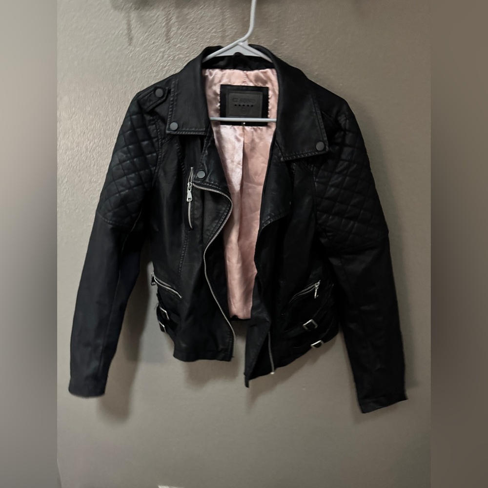 Ci sono black faux leather jacket with pink satin lining